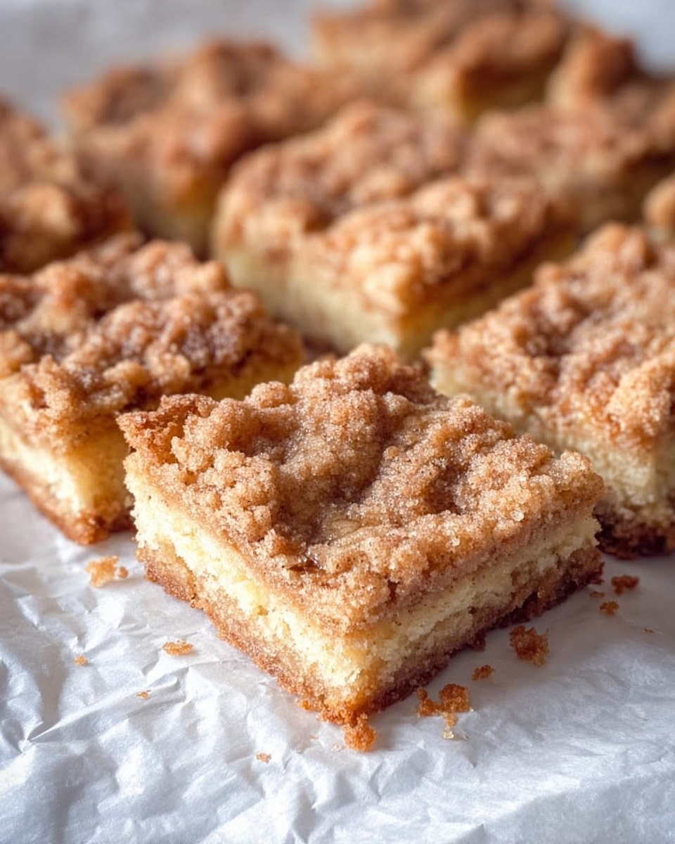 The image shows several square pieces of crumb-topped cake arranged closely together on crinkled white parchment paper, which rests on a white marbled surface. Each cake square has two clear layers: a light golden brown base that looks soft and moist, topped with a crumbly layer of darker golden brown streusel texture with small clumps and sugar crystals shining in the light. The crumb topping is slightly rough and uneven, giving a crunchy look contrasting with the smoother base. Some crumbs are scattered around the cake squares on the parchment. Photo taken with an iphone --ar 4:5 --v 7