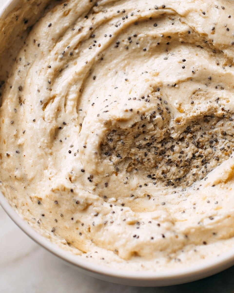 This close-up image shows a creamy mixture with a rough texture and small dark seeds spread evenly throughout. The mixture is light beige in color with a thick, slightly shiny surface that has smooth swirls on top. There is a visible scoop taken out in the middle, revealing a denser and grainy inside with more seeds. The dish is inside a white bowl set on a white marbled surface, with soft lighting emphasizing the texture and creaminess. Photo taken with an iphone --ar 4:5 --v 7