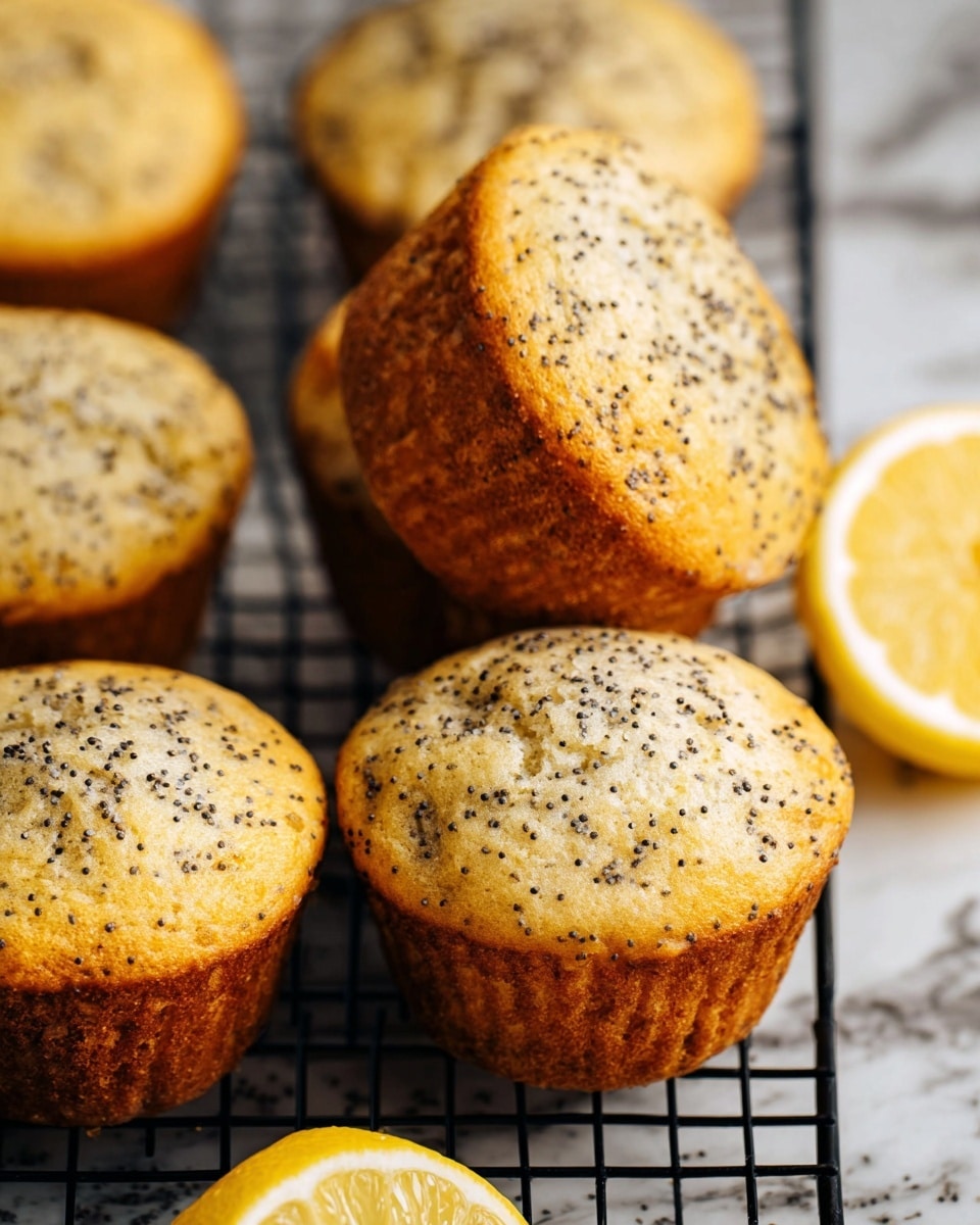 A close-up view of six lemon poppy seed muffins on a black cooling rack placed over a white marbled surface. The muffins are golden brown with a soft, slightly cracked top sprinkled evenly with black poppy seeds. One muffin stands upright, showing its brown paper liner and rounded, textured top. Around the muffins, there are two lemon halves revealing their juicy yellow interiors, enhancing the fresh and zesty feel of the scene. The lighting highlights the muffins' slightly crispy edges and soft crumb inside. Photo taken with an iphone --ar 4:5 --v 7