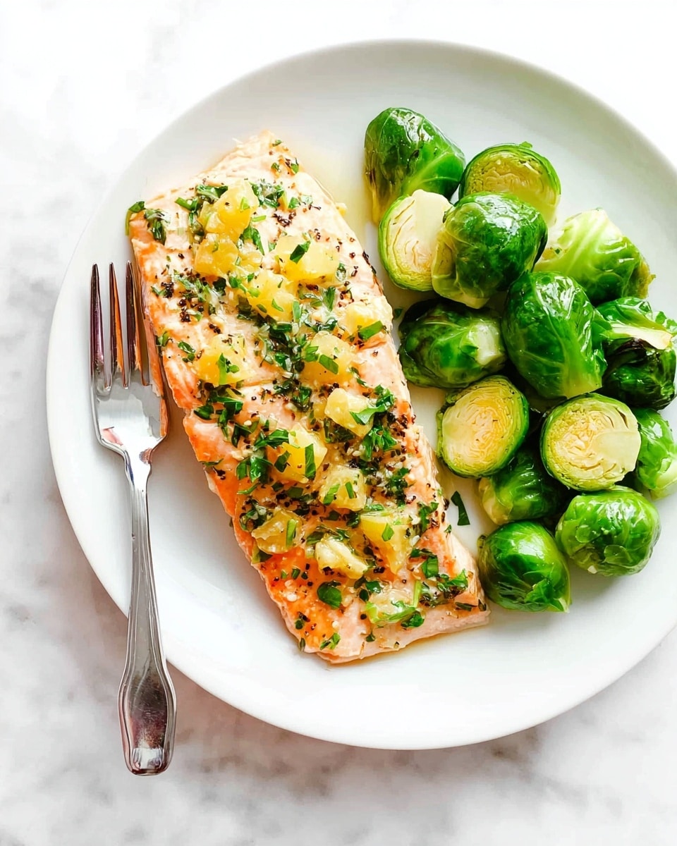 A white plate holds a cooked piece of salmon on the left side, topped with small yellow chunks and chopped green herbs with black pepper sprinkled all over, giving it a textured, moist look. On the right side, there is a pile of green Brussels sprouts, some whole and some sliced in half, showing a light green inside and shiny, smooth outer leaves. A silver fork rests on the plate, leaning against the salmon, all placed on a white marbled surface. Photo taken with an iphone --ar 4:5 --v 7