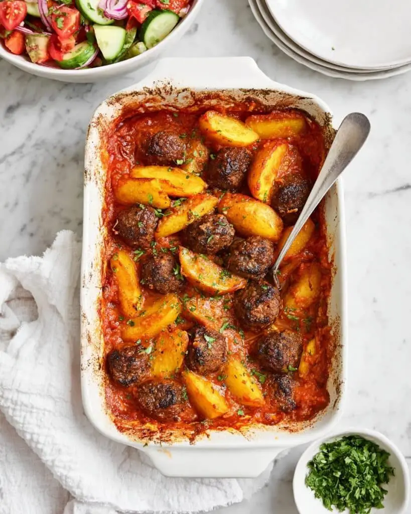 Soutzoukakia with Baked Potatoes in Tomato Sauce Recipe