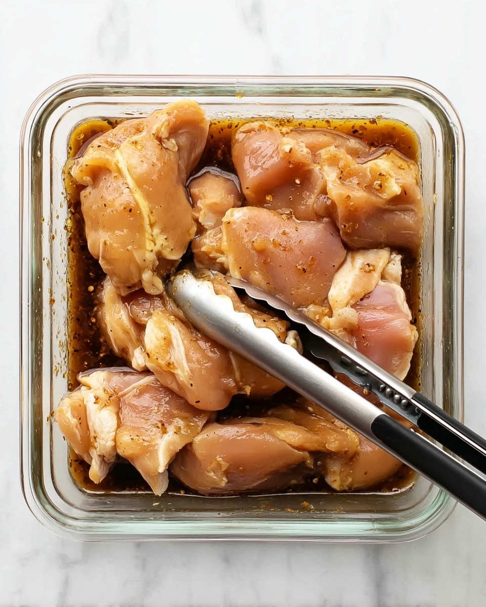 A clear glass rectangular container holds several pieces of raw chicken soaked in a dark brown marinade, with visible layers of light pink raw meat and creamy yellow fat around the edges. The chicken pieces are soaked evenly, giving a glossy look to the meat. A pair of metal tongs with black silicone tips is grasping one piece of chicken from the middle-right side, creating a small gap between the meat and the container walls. The container sits on a white marbled surface. photo taken with an iphone --ar 4:5 --v 7