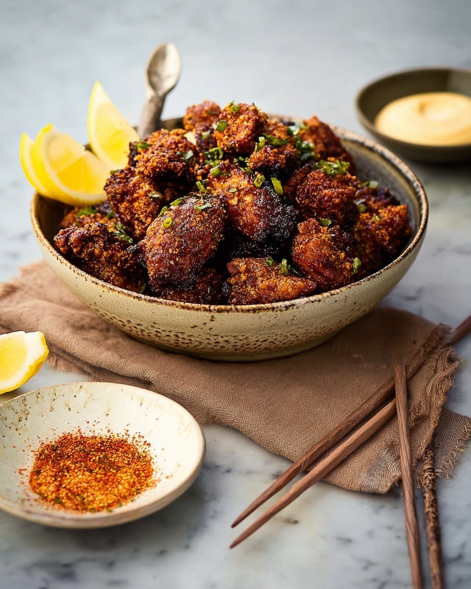 A ceramic bowl filled with many pieces of dark brown fried chicken piled up, topped with small green herb bits, and two lemon wedges placed on the left edge of the bowl. The bowl is placed on a light brown cloth napkin set on a white marbled surface. In front of the bowl, there are two small white dishes  wooden chopsticks rests diagonally near the right side of the bowl. Photo taken with an iphone --ar 4:5 --v 7