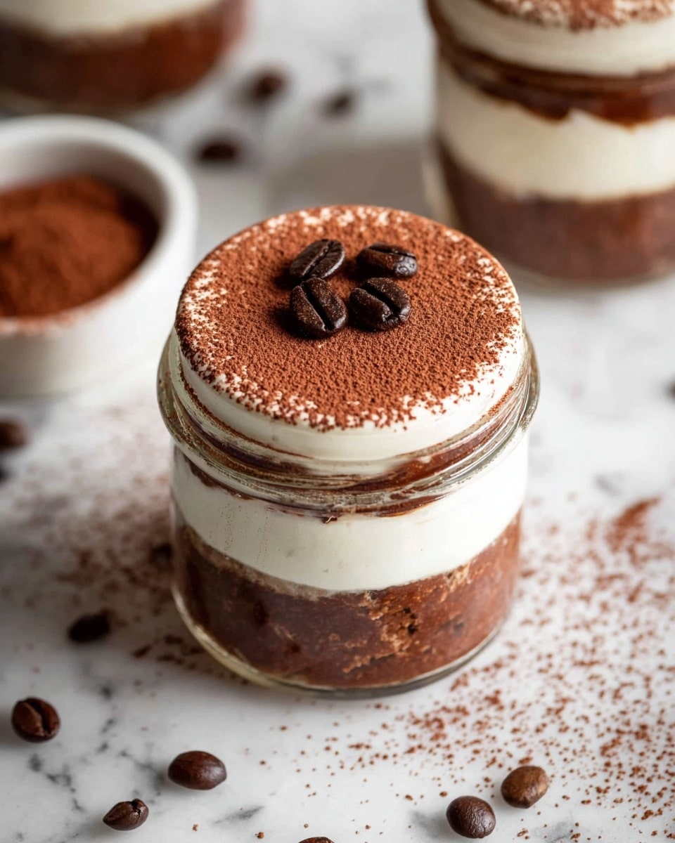 A small clear glass jar holds a dessert made of four visible layers. The bottom layer is a dark brown, slightly chunky texture, followed by a smooth white cream layer. Above this is another thick dark brown layer, then topped with a white cream layer dusted heavily with fine cocoa powder. Three whole dark brown coffee beans rest on top at the center. The jar is placed on a white marbled surface sprinkled with cocoa powder and scattered coffee beans around it. In the background, there is another similar jar out of focus and a small white bowl with cocoa powder. Photo taken with an iphone --ar 4:5 --v 7