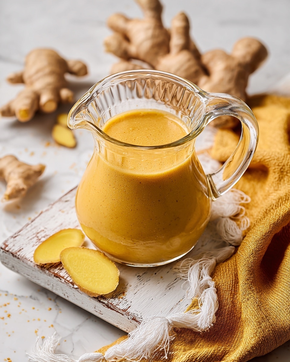 A clear glass pitcher filled with a thick, smooth mustard yellow sauce sits on a small white wooden board with a worn look. Around the pitcher, there are several pieces of whole and sliced ginger with light brown skin and bright yellow flesh placed on a white marbled surface. In the lower right corner, a mustard yellow cloth with white fringes softly rests near the pitcher’s base. The texture of the sauce looks creamy and uniform, filling about three-quarters of the pitcher’s height. photo taken with an iphone --ar 4:5 --v 7