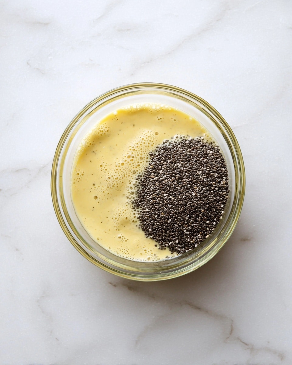 A clear glass bowl sits on a white marbled surface, showing two layers inside: the bottom layer is a smooth, pale yellow liquid with some bubbles on the surface, and the top right portion is covered with small, black chia seeds in a dense pile. The bowl is round and transparent, making the textures inside visible. photo taken with an iphone --ar 4:5 --v 7