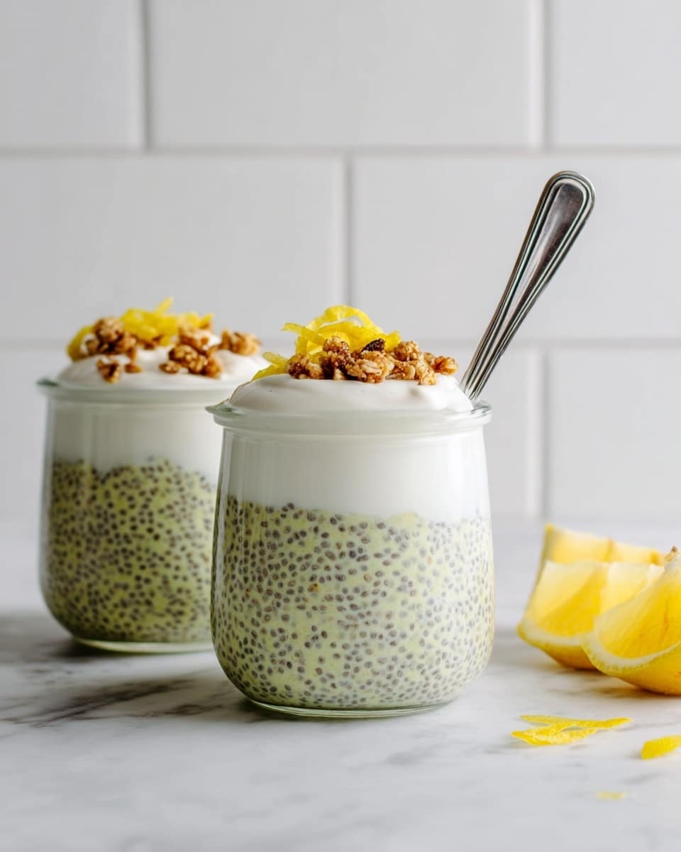 Two small clear glass jars sit on a white marbled surface, each filled with two layers: the bottom layer is light green chia pudding with visible black chia seeds spread evenly, and the top layer is smooth white yogurt. On the very top, there are small crumbs of brown granola and bright yellow lemon peel curls for garnish. A silver spoon is placed inside the right jar, while a few lemon pieces are scattered on the surface to the right. The background is a simple white tiled wall. Photo taken with an iphone --ar 4:5 --v 7