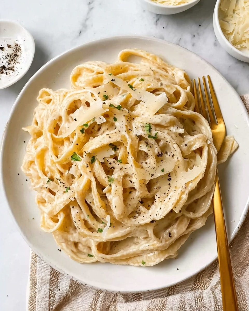 A white plate holds a single layer of creamy fettuccine pasta coated in a light beige sauce, topped with scattered thin, pale yellow cheese shavings and sprinkled evenly with small black pepper flakes. A gold fork rests on the right side of the plate, partially under the pasta. The scene is set on a white marbled surface with a beige-striped cloth partially visible at the bottom right, and small white bowls with cheese shavings and sauce are placed near the plate. photo taken with an iphone --ar 4:5 --v 7
