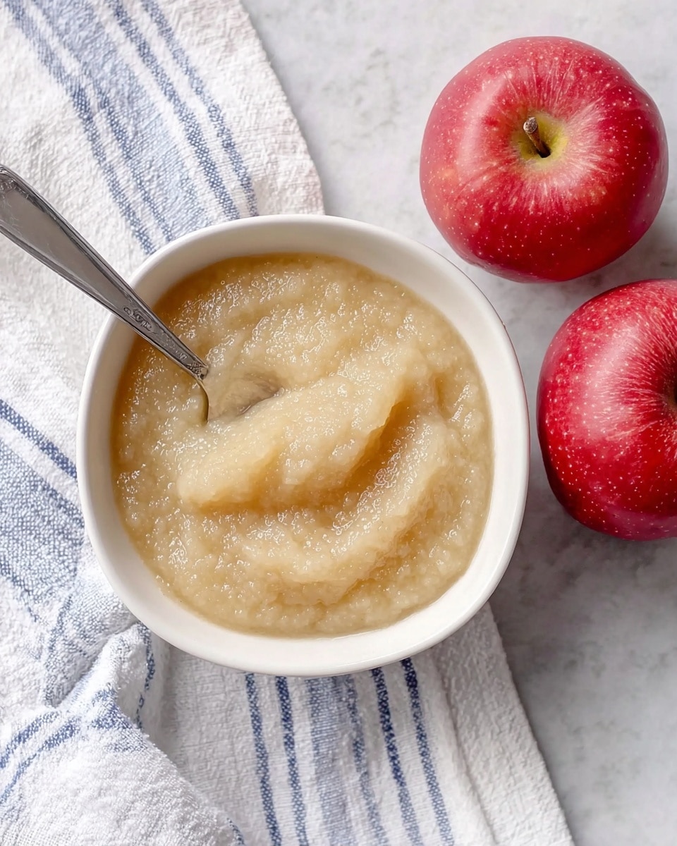 A white bowl with rounded edges is filled with a creamy, light beige apple sauce that has a soft, slightly textured surface. Inside the bowl, a silver spoon rests partially in the sauce, its handle extending towards the front. To the right of the bowl are two whole red apples with a shiny, smooth skin, placed on a white marbled surface. On the left side, part of a white cloth with blue stripes is visible, lying flat on the same marbled background. photo taken with an iphone --ar 4:5 --v 7
