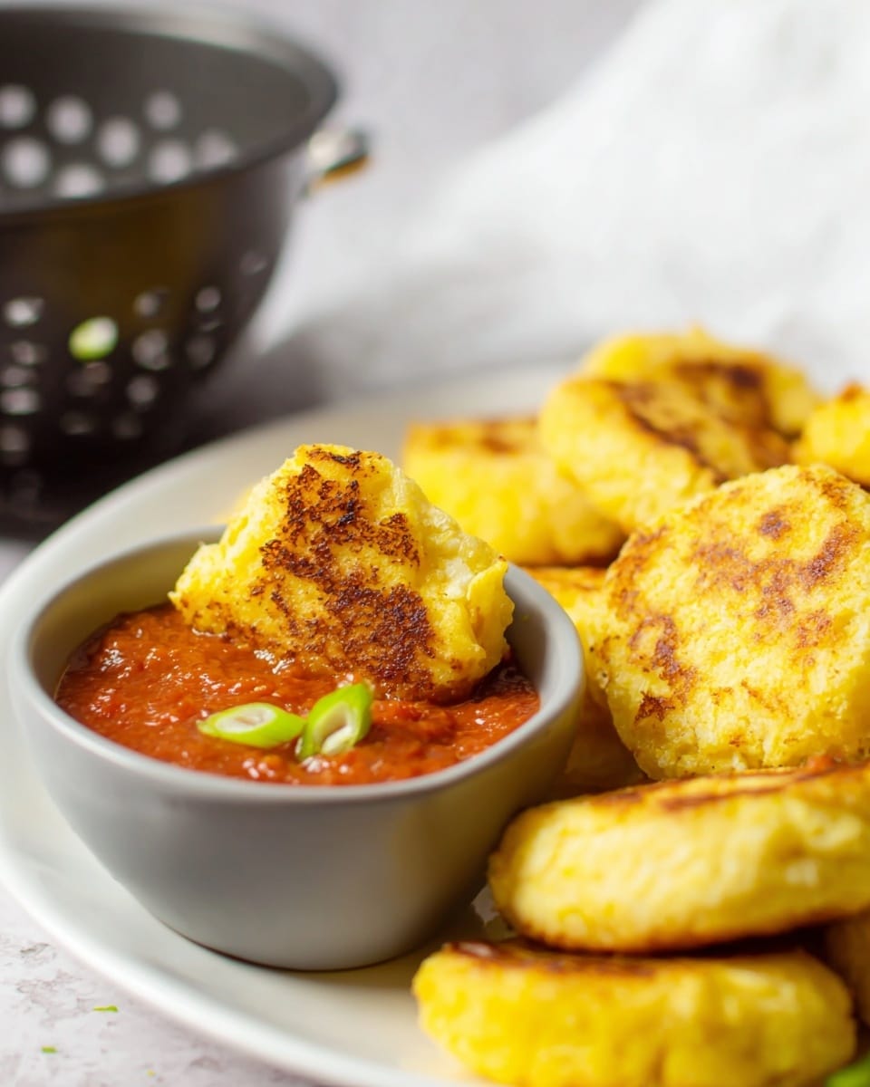 A white plate on a white marbled surface holds several small, round, golden-yellow patties with a slightly browned, crispy texture on top. One patty is dipped into a small gray bowl filled with smooth, red sauce garnished with a few small green onion pieces on top. In the background, there is a dark gray colander blurred softly, adding depth to the image. The scene is bright with natural lighting highlighting the textures and colors. Photo taken with an iphone --ar 4:5 --v 7