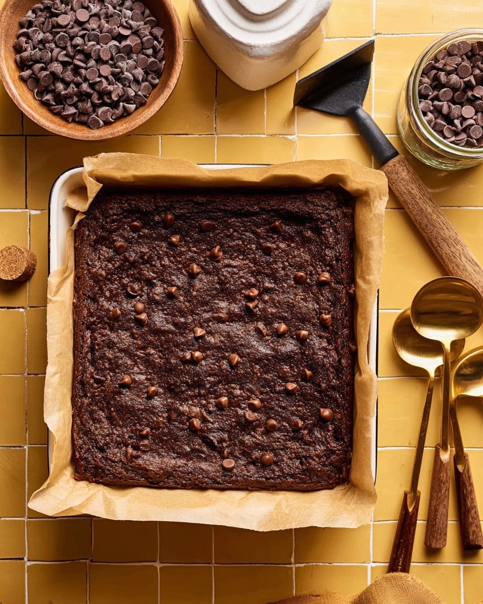 A square white baking dish lined with light brown parchment paper holds a thick, rich dark brown chocolate brownie layer that looks moist and slightly cracked on top, sprinkled with scattered milk chocolate chips. The dish is placed on a surface made of yellow square tiles. Around it, there is a light brown wooden bowl filled with dark chocolate chips on the top left, a white container with a black spatula next to it, and to the right, a glass jar of chocolate chips with a round cork next to it. At the bottom right corner, two golden measuring spoons with wooden handles lie side by side. The overall setting is warm and cozy. Photo taken with an iphone --ar 4:5 --v 7