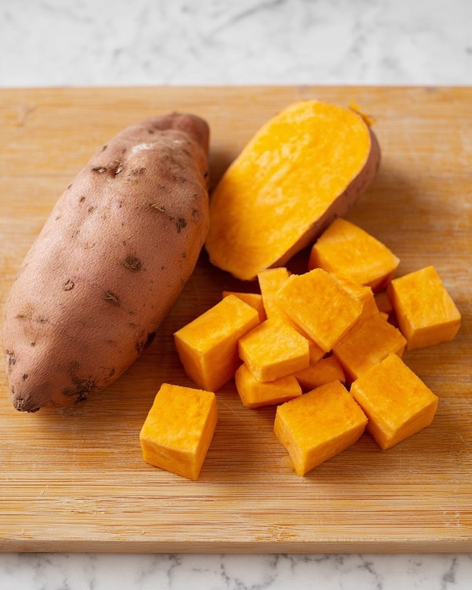 The image shows a peeled sweet potato partially covered with its brown skin resting on a wooden cutting board. Next to the sweet potato are several bright orange cubes, neatly cut into small, even pieces with smooth surfaces. The wooden board has a light natural grain, and the scene is brightly lit to highlight the warm, vibrant colors of the sweet potato. The background is a white marbled texture. photo taken with an iphone --ar 4:5 --v 7