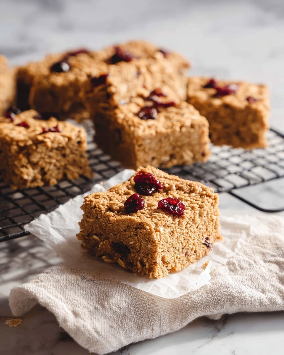 The image shows several square-shaped oatmeal bars with a rough, crumbly texture and a light brown color, some topped with small, dark red dried berries. One bar is in the front, in clear focus, showing a dense and slightly porous inside. The other bars are arranged on white parchment paper placed on a black cooling rack, partially covered by a light beige cloth. The setting is on a white marbled surface with soft natural light highlighting the details. Photo taken with an iphone --ar 4:5 --v 7
