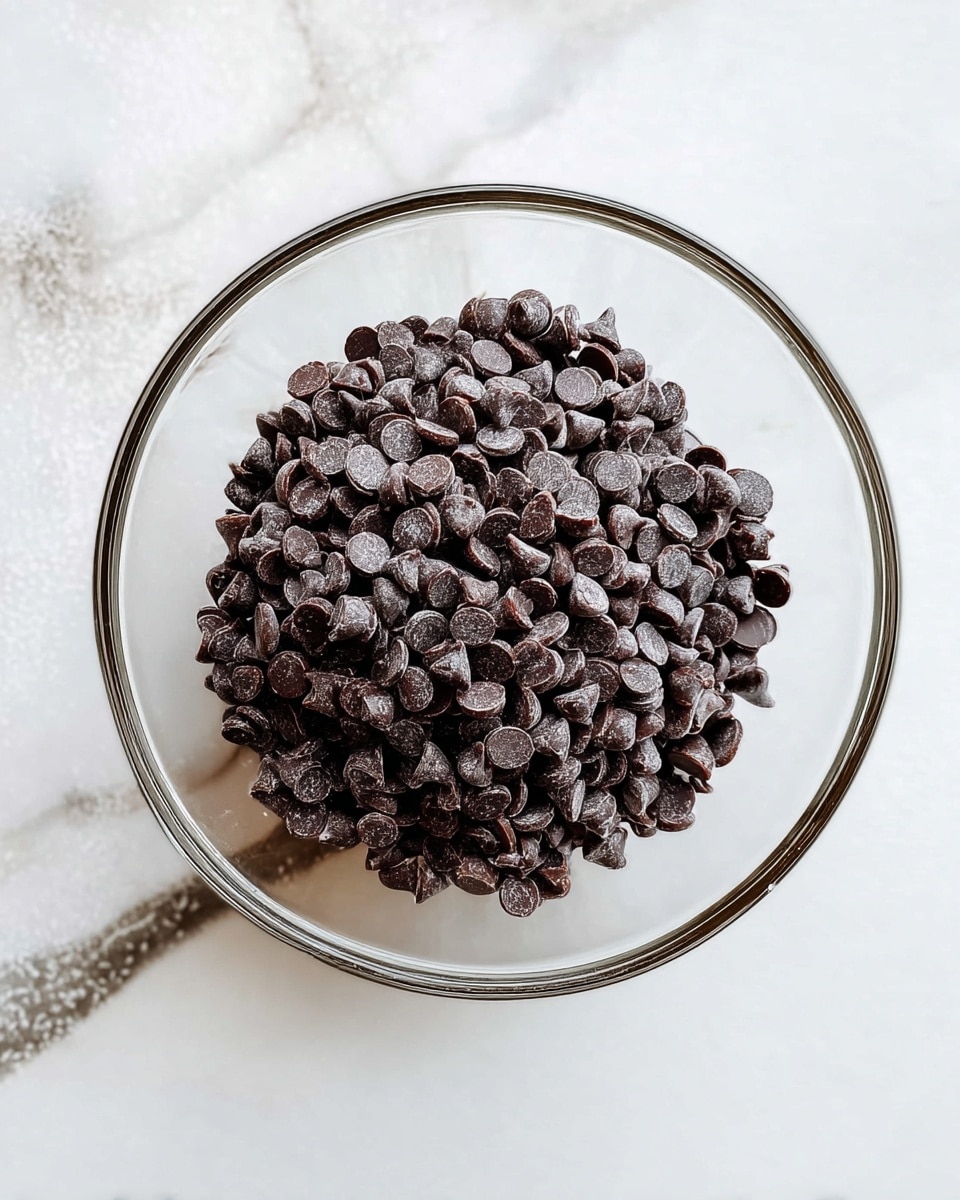 A clear glass bowl sits on a white marbled surface, filled with a single large pile of dark chocolate chips. The chips are small, round, and slightly shiny, tightly packed in the center of the bowl with some chips showing smooth, rounded tops that catch the light. The colors mostly range from deep dark brown to a lighter, dusty brown, creating a textured look from the many layers of chips piled in a mound. The glass bowl's rim is thin and circular, framing the chips neatly with no other items visible around it. photo taken with an iphone --ar 4:5 --v 7