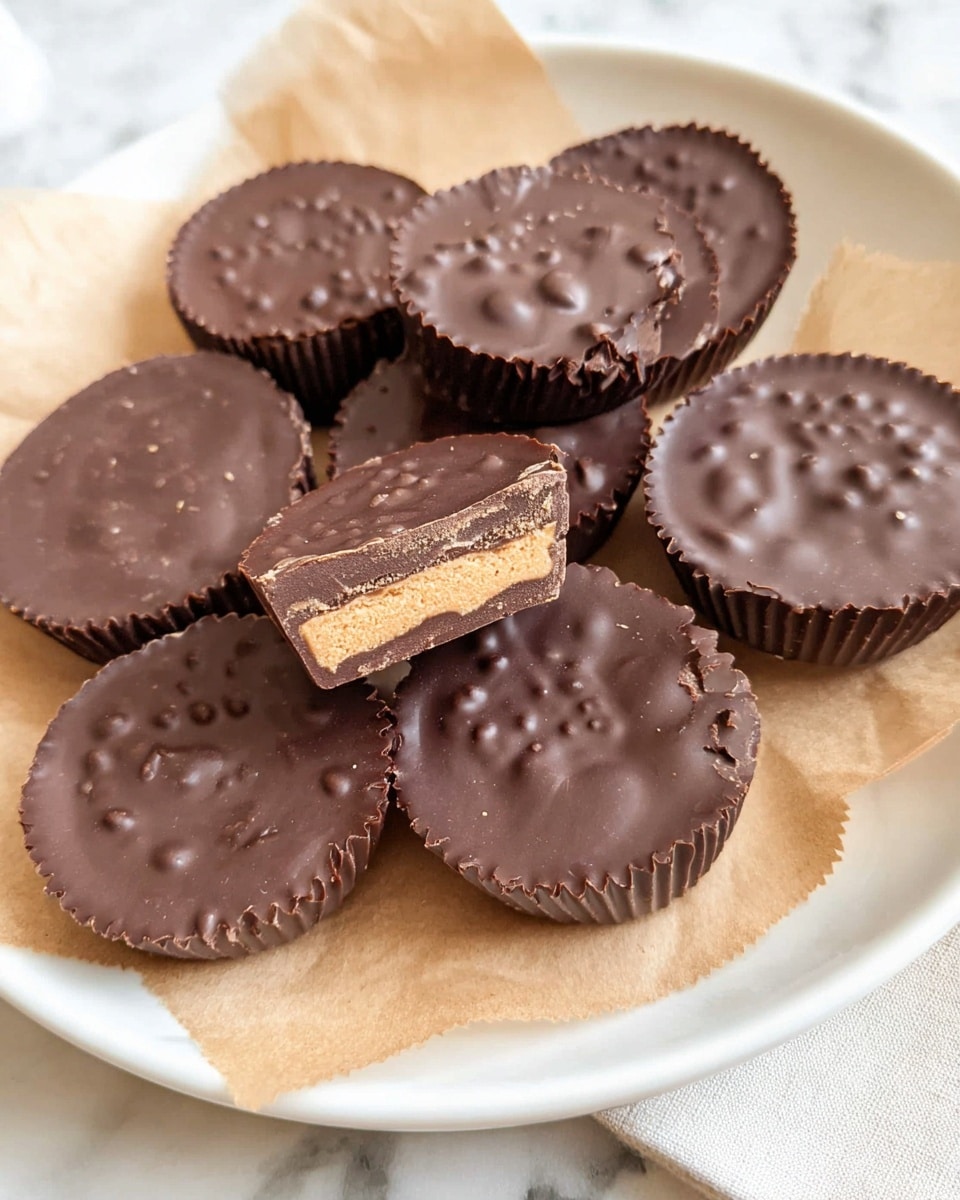 A white plate holds eight small chocolate cups with a rough texture on top, scattered with small bumps and grooves. They are round with fluted edges, evenly spaced on a piece of light brown parchment paper. One chocolate is cut in half and placed on top, showing two layers inside: a thin dark chocolate outer shell with a slightly bumpy texture and a thick, smooth light brown peanut butter center. The background is a white marbled surface. Photo taken with an iphone --ar 4:5 --v 7