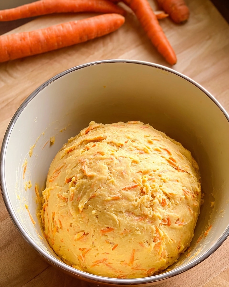 A large round ball of light orange dough with small shreds of carrot mixed in sits inside a white bowl with a silver rim, the bowl's sides have some dough smudges. In the background, four whole carrots lay on a wooden surface. The dough has a slightly sticky and soft texture with uneven surfaces. Photo taken with an iphone --ar 4:5 --v 7
