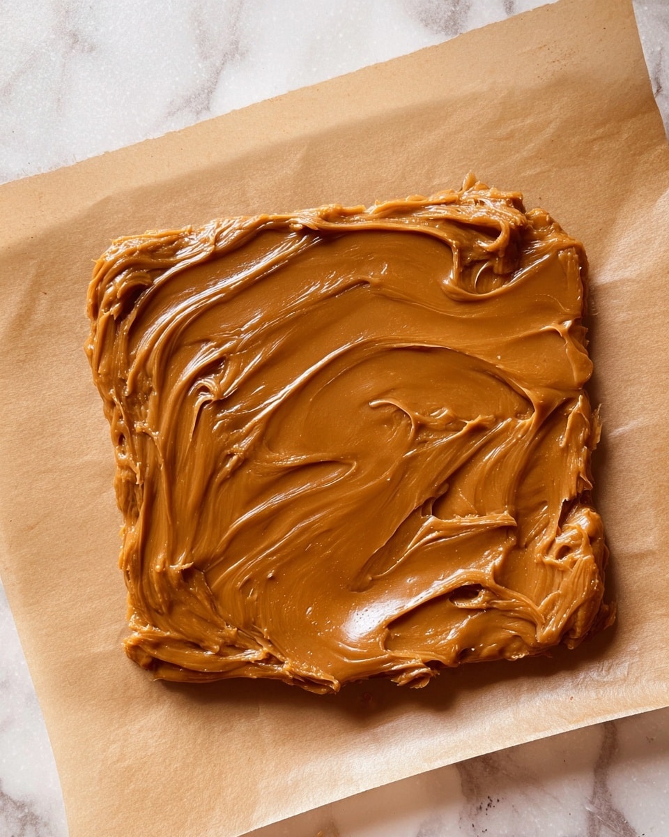 A smooth, thick layer of shiny caramel-colored spread is evenly smeared in a rough square shape on a piece of light brown parchment paper. The texture shows soft swirls and ridges from spreading, with slight variations in color from lighter to darker caramel tones, giving it a rich and creamy look. The parchment paper rests on a surface with a white marbled texture. photo taken with an iphone --ar 4:5 --v 7