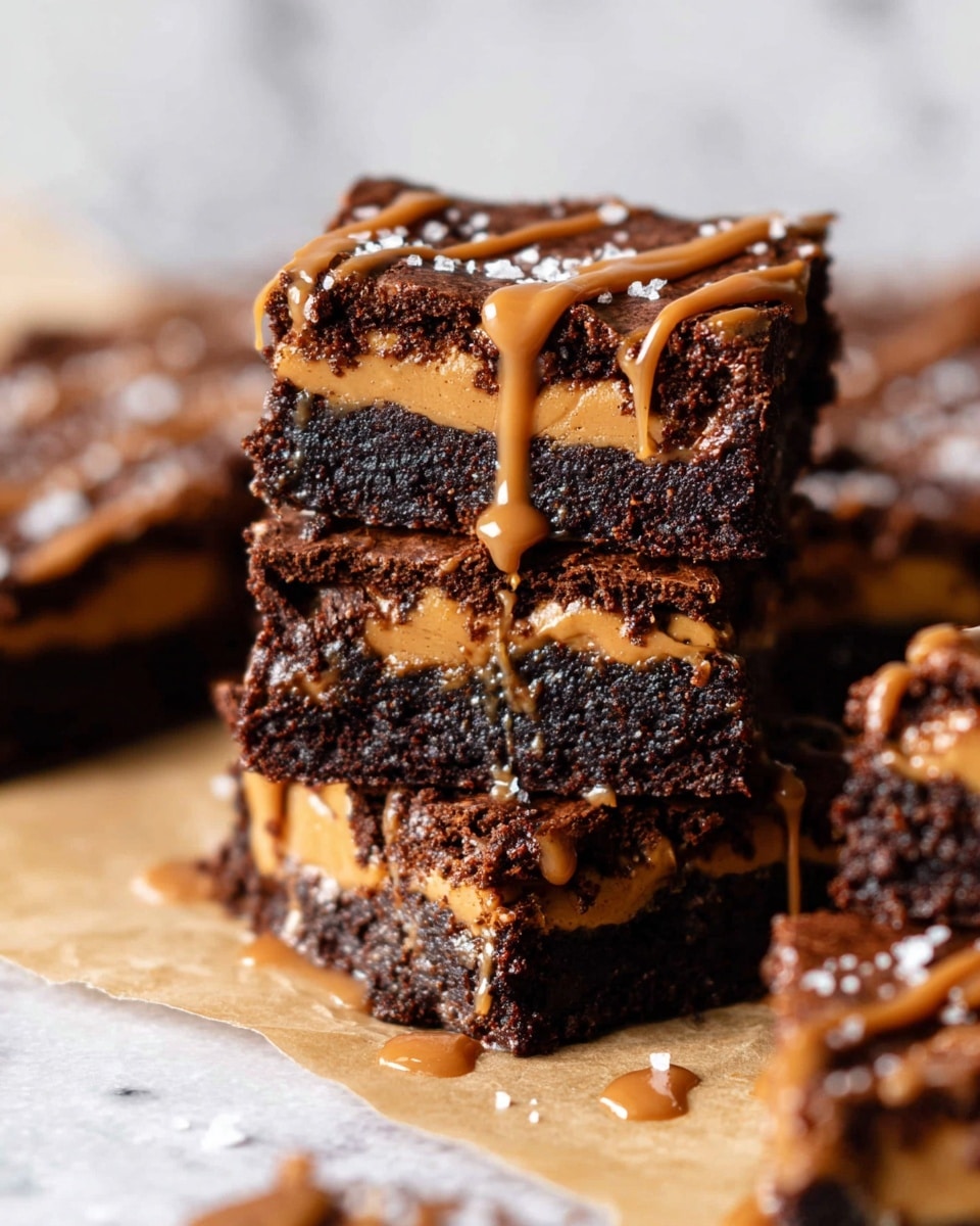 The image shows a close-up of a stack of rich dark brown brownies with three visible layers, separated by a smooth, creamy light brown peanut butter layer inside. The top layer of each brownie is drizzled with more peanut butter sauce, some of which is dripping down the side. The brownies have a slightly crumbly texture with sea salt flakes scattered on top. The background is a softly blurred white marbled surface, creating a cozy and fresh feel. Photo taken with an iphone --ar 4:5 --v 7