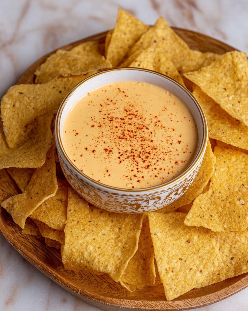 A round white bowl with golden patterns on the rim holds a smooth, creamy orange cheese dip. The dip has a light sprinkle of red spice powder across the top, adding texture and color contrast. The bowl is placed on a wooden tray filled with many yellowish-golden, crispy tortilla chips around it. The chips have a rough surface with small bubbles and are stacked in overlapping layers, creating a casual, inviting look. The tray sits on a white marbled surface. photo taken with an iphone --ar 4:5 --v 7