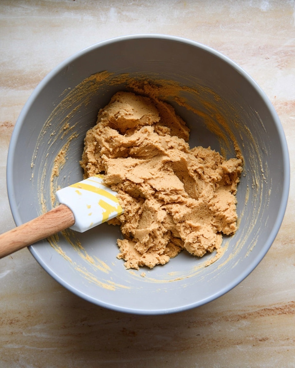 A light grey mixing bowl filled with a thick, tan dough with a rough and slightly crumbly texture, resting unevenly inside the bowl. A spatula with a wooden handle and a white and yellow patterned rubber blade is partly pressed into the dough on the left side of the bowl. The bowl sits on a white marbled textured surface. photo taken with an iphone --ar 4:5 --v 7