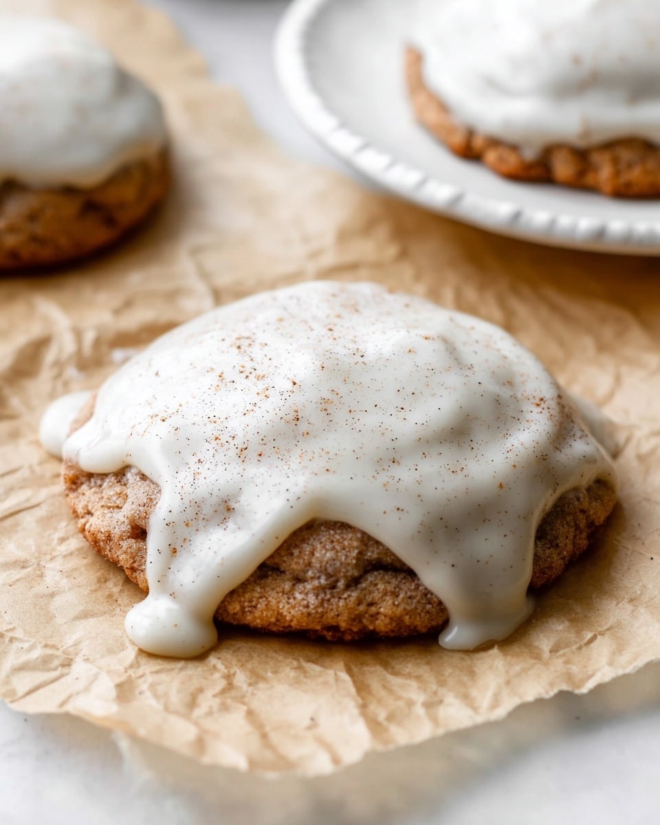 A close-up view of a soft, round cookie sits on wrinkled parchment paper on a white marbled surface. The cookie has a light brown, slightly textured base with a dusting of cinnamon. It is topped with a thick, creamy white icing that spreads unevenly over the surface, dripping slightly down the sides with specks of cinnamon visible on top of the icing. In the background, another similar cookie partially appears beside a white plate holding another cookie also covered with the same icing. Photo taken with an iphone --ar 4:5 --v 7