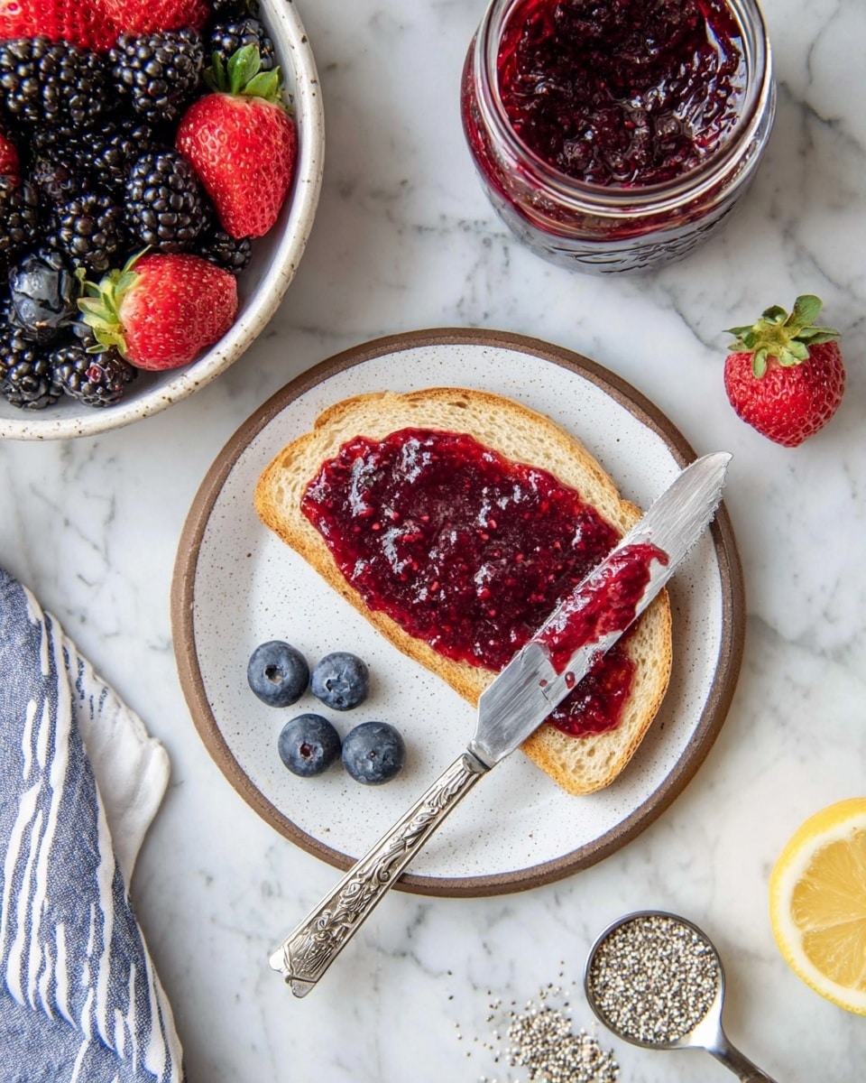 The image shows a single slice of white bread on a small white speckled plate with a thin brown rim, spread with deep red berry jam. A silver knife with an ornate handle lies across the bread, smeared with jam. On the plate near the bottom edge of the bread, there are three fresh blueberries placed in a neat row. To the upper left, part of a white speckled bowl filled with strawberries, blackberries, and blueberries is visible, resting on a white and blue striped cloth. In the top right corner, there is a glass jar filled with the same red berry jam. Scattered on the white marbled surface are loose blackberries, blueberries, and a strawberry cut in half, along with a small pile of white chia seeds near a silver spoon and a halved lemon at the bottom right. Photo taken with an iphone --ar 4:5 --v 7