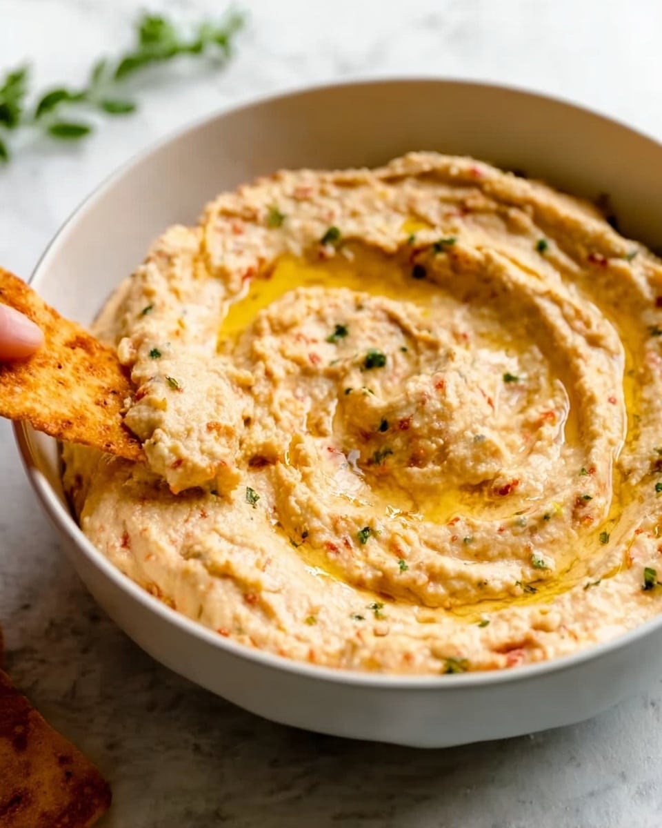 A white bowl filled with creamy hummus that has a light beige color with hints of orange and small green herb bits mixed in. The hummus surface is swirled, showing smooth and slightly textured layers with a drizzle of golden olive oil on top that catches the light. Near the bowl, a piece of crispy pita chip is dipped, held by a woman's hand. The bowl sits on a white marbled surface, and some green herbs are slightly visible blurred in the background. photo taken with an iphone --ar 4:5 --v 7