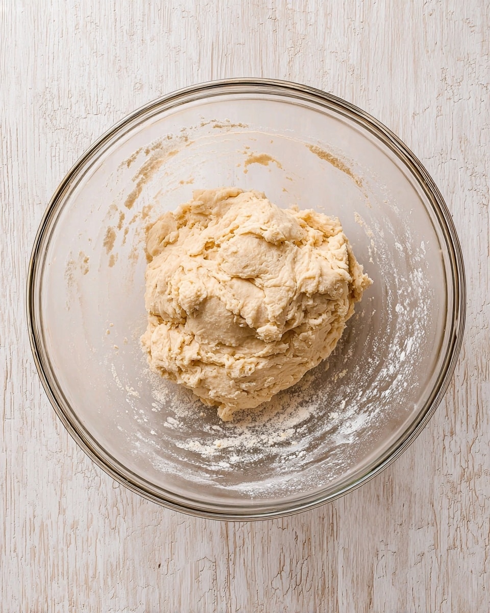 A clear glass bowl holds a rough, light beige dough with a soft but uneven texture. The dough is placed in the center of the bowl, which shows traces of flour dusted around its inside edges. The bowl rests on a white marbled textured surface with a soft wooden pattern visible beneath. The lighting highlights the dough’s slightly lumpy, sticky appearance as it sits untouched in the bowl. Photo taken with an iphone --ar 4:5 --v 7