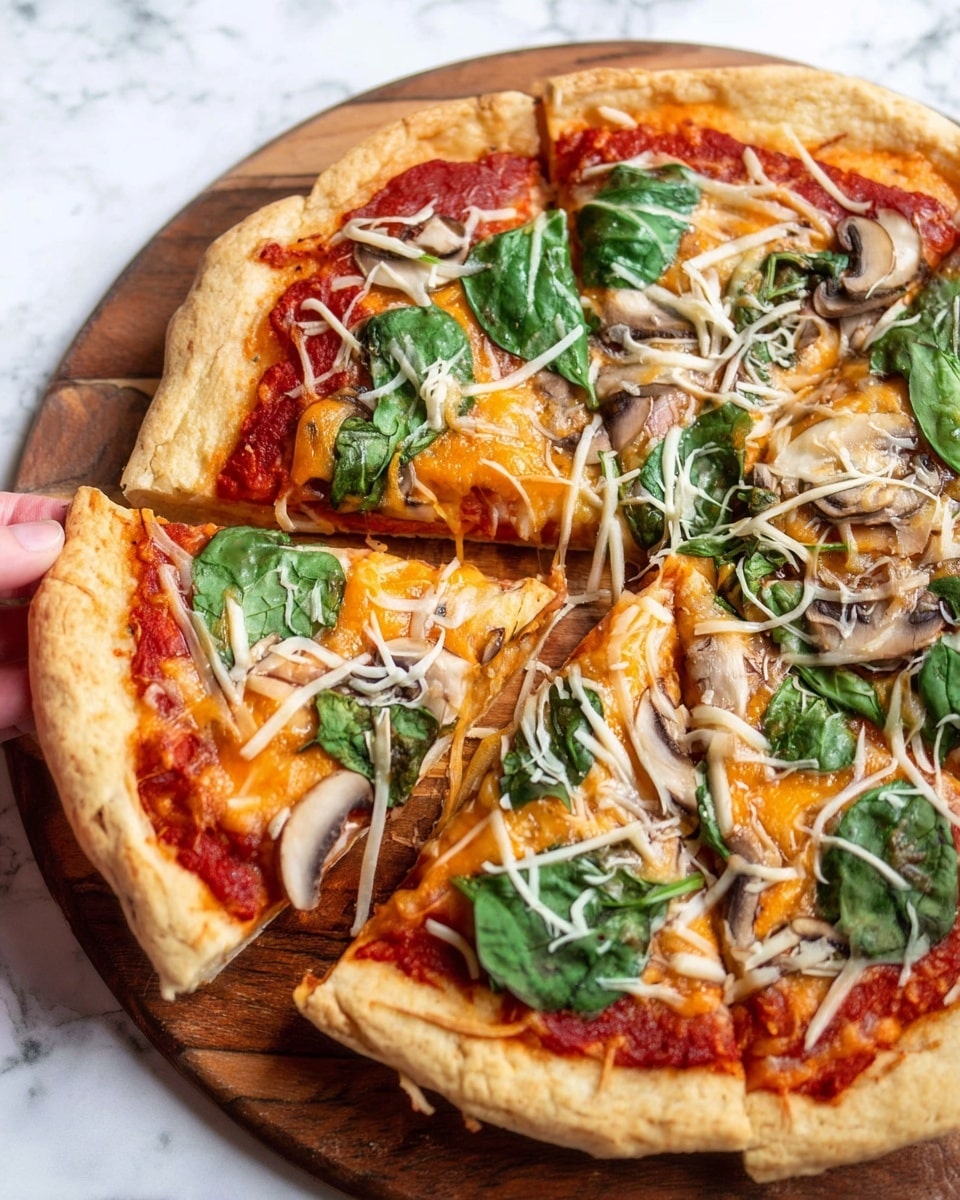 A sliced pizza with a thick, golden-brown crust sits on a round wooden board. The first layer is bright red tomato sauce spread evenly on the dough. The second layer is melted light yellow cheese that covers the sauce, with some white shredded cheese sprinkled on top. Fresh green spinach leaves and thin, light brown mushroom slices are spread unevenly over the cheese. A woman's hand holds one slice, lifting it slightly from the board. The background is a white marbled surface. photo taken with an iphone --ar 4:5 --v 7