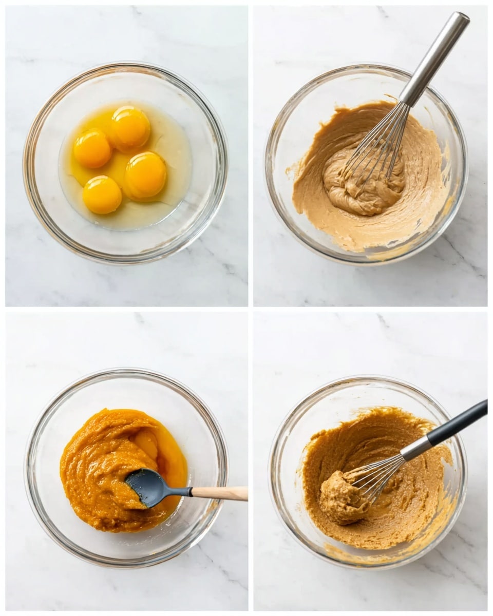 A clear glass bowl is placed on a white marbled surface. In the first layer, the bowl contains two cracked eggs with bright yellow yolks mixed into a thick brown batter, with a metal whisk resting inside. In the second image, the batter in the bowl looks smooth and creamy, light brown in color, with the whisk still inside. In the third image, orange puree is being mixed into the light brown batter with a dark spoon. In the last image, the mixture in the bowl is thick and textured, golden brown in color, with the same spoon partially dipped in it. Photo taken with an iphone --ar 4:5 --v 7