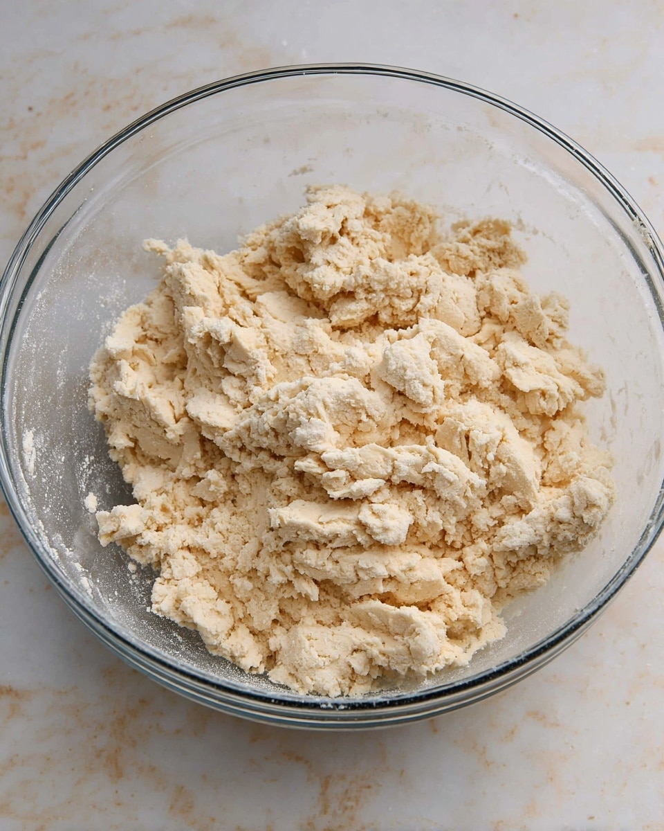 A clear glass bowl filled with a rough, uneven dough mixture that is light beige in color with a floury texture, showing lumps and small clumps spread throughout. The bowl sits on a white marbled surface. The dough looks soft but not fully mixed, with some dry flour visible on the edges of the bowl's interior photo taken with an iphone --ar 4:5 --v 7