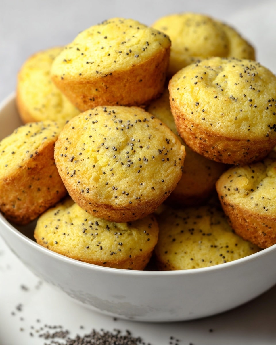 A close-up view of about twelve small, round yellow muffins stacked inside a white bowl, each muffin speckled with tiny black poppy seeds scattered evenly throughout their soft, moist texture, with some muffins showing light golden brown edges. The bowl sits on a white marbled surface with a few poppy seeds spread around it, highlighting the warm color contrast between the muffins and their container, photo taken with an iphone --ar 4:5 --v 7