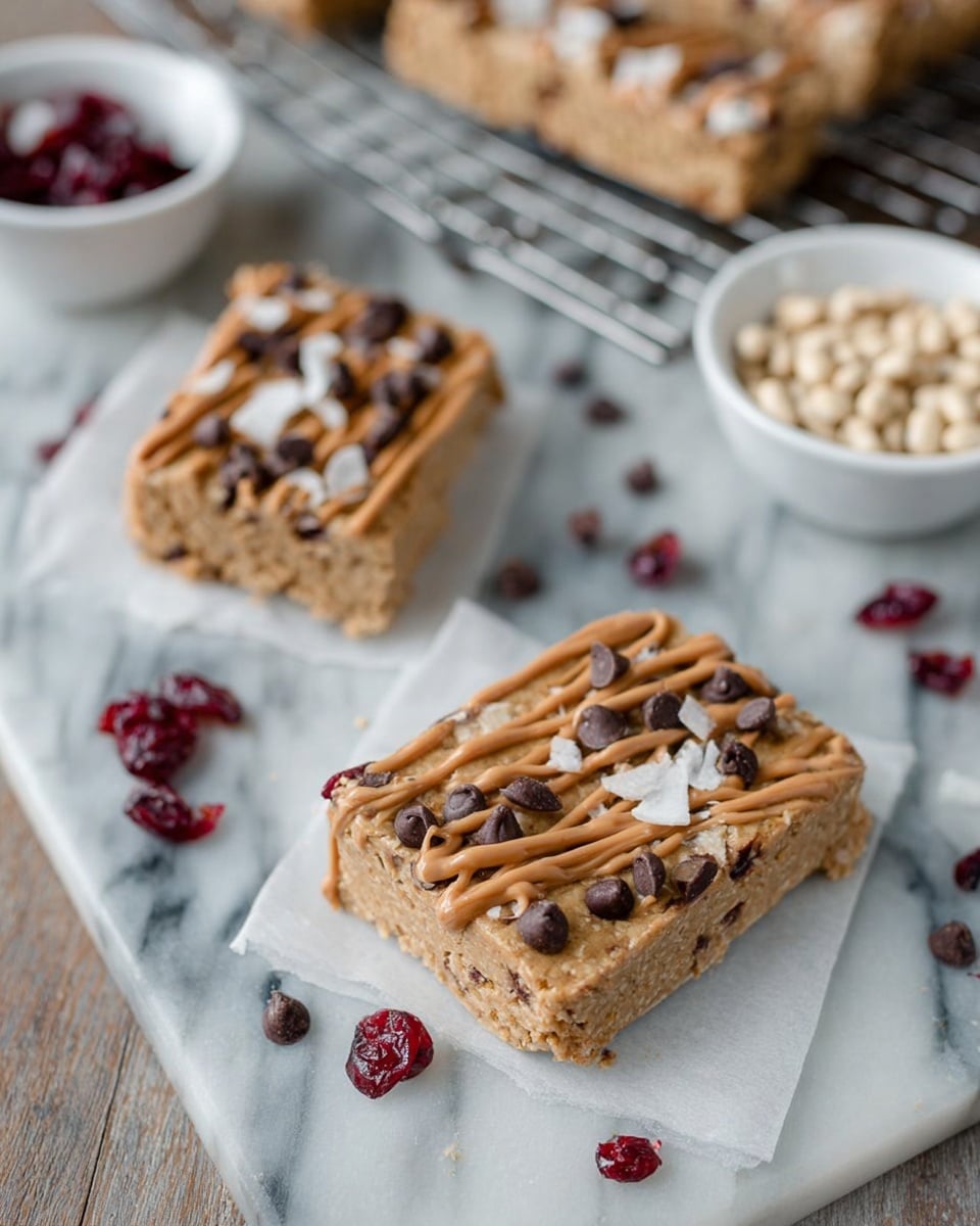 The image shows two rectangular bars placed on small white parchment papers on a white marbled surface. Each bar has a light brown base with a soft texture and is topped with a drizzle of lighter brown sauce, dark chocolate chips, small bits of white flakes, and dark red dried cranberries scattered on and around them. In the background, there is a white bowl filled with white beans and a metal cooling rack holding more bars. The arrangement is casual, with some chocolate chips and dried cranberries placed loosely on the marble surface. Photo taken with an iphone --ar 4:5 --v 7