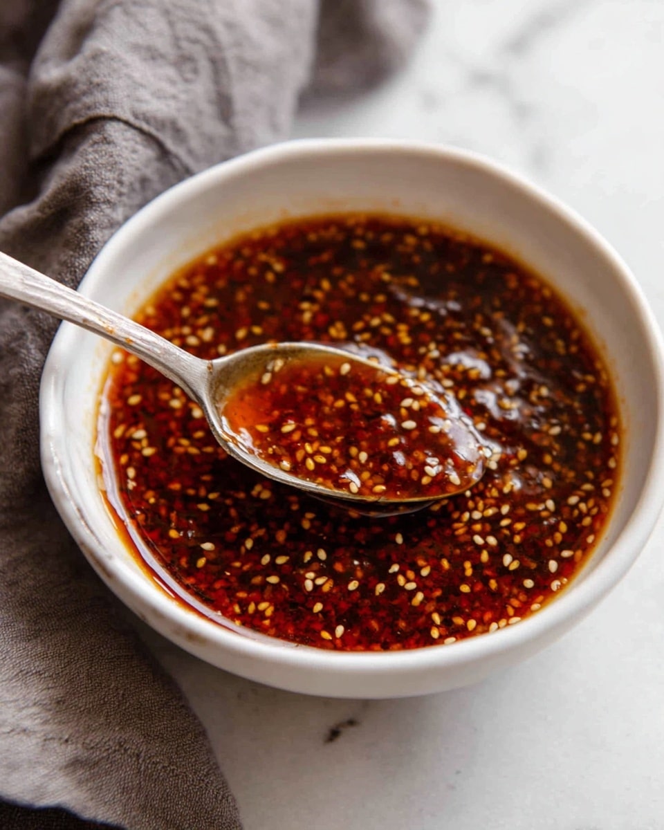 A white bowl filled with a dark reddish-brown sauce that has many small white sesame seeds floating on the surface. A silver spoon is resting in the bowl, holding some of the sauce, showing its thick, shiny texture with sesame seeds mixed in. The bowl sits on a white marbled surface and there is a folded gray cloth nearby. The sauce looks rich and dense with small bits of ingredients visible through the liquid photo taken with an iphone --ar 4:5 --v 7