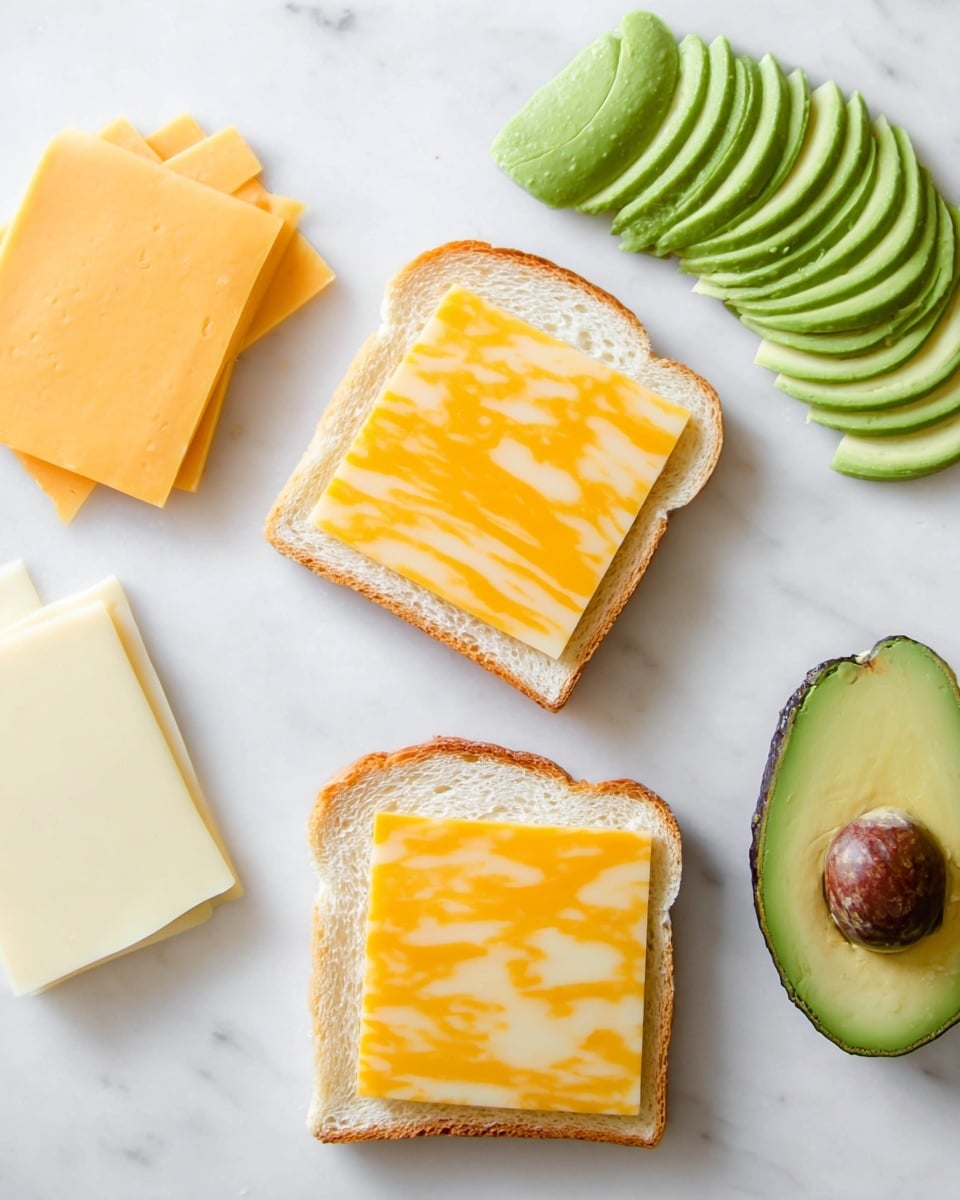 The image shows two slices of plain white bread on a white marbled surface, each topped with a single square slice of yellow and white marbled cheese. Above the bread, there are thin green slices of avocado neatly fanned out, with an avocado half showing its seed on the right side. Another stack of cheese slices is placed on the left side. The overall arrangement is simple and clean with fresh bright colors. photo taken with an iphone --ar 4:5 --v 7