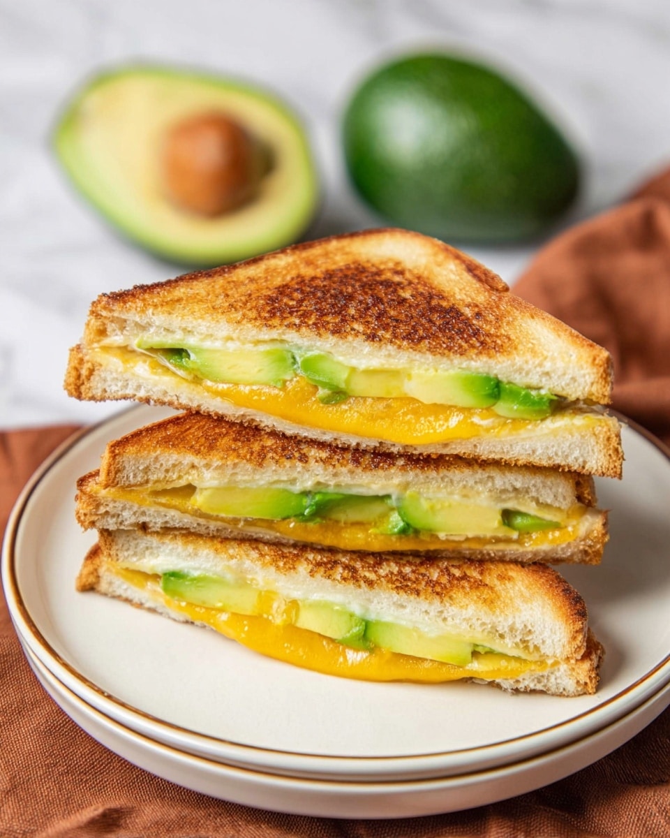A stack of three grilled sandwich halves is placed on a white plate with a thin brown rim, each sandwich showing two layers of golden toasted bread with a slightly crispy texture, filled with bright yellow melted cheese and fresh sliced light green avocado arranged evenly in layers. In the background, there is a whole avocado and a halved avocado with green creamy flesh, resting on white marbled surface with a brown cloth partially visible. The scene is bright and clear, focusing on the texture and colors of the sandwich and avocado. photo taken with an iphone --ar 4:5 --v 7