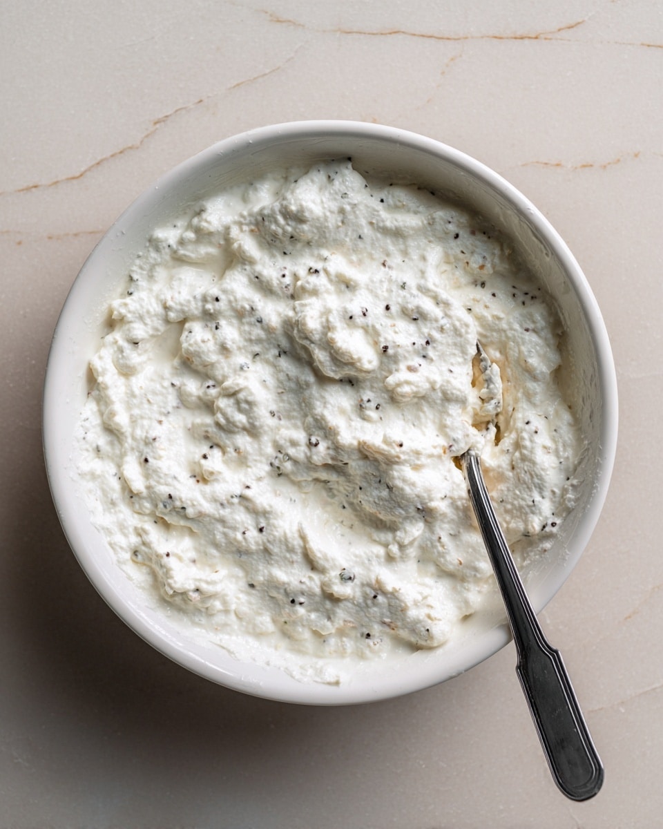 A white bowl filled with a thick, creamy white mixture that has a slightly lumpy texture with small specks of herbs or spices mixed throughout, and a metal spoon resting inside the bowl at the right side, placed on a white marbled surface. photo taken with an iphone --ar 4:5 --v 7