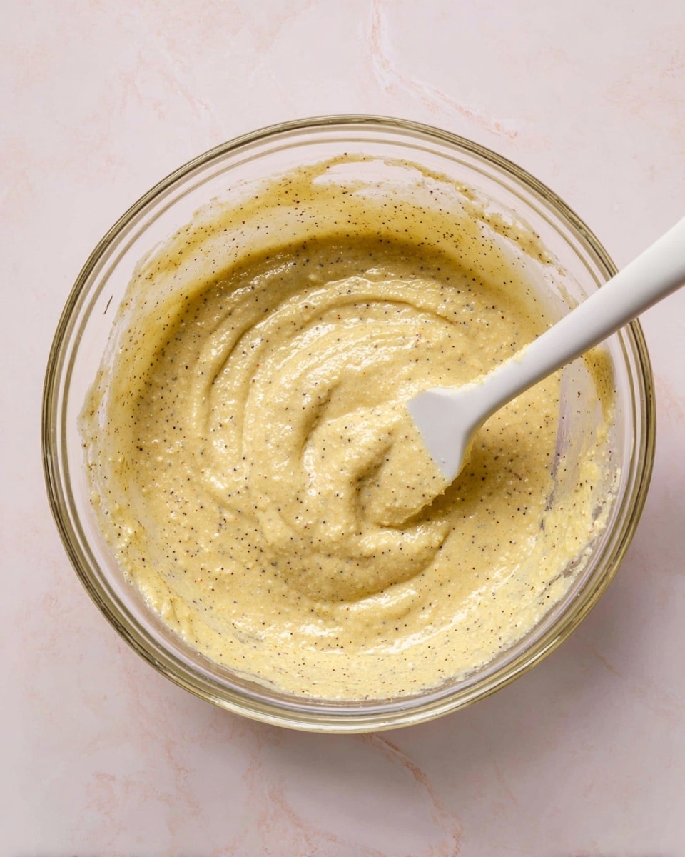 A clear glass bowl filled with a thick, pale yellow batter mixed with small black seeds, giving it a speckled texture, is placed on a white marbled surface. Inside the bowl, a white spatula is partially submerged in the batter, showing smooth swirls and a creamy consistency with some graininess visible. The batter forms gentle peaks and ridges around the spatula, and the bowl's sides have a thin layer of batter stuck to them. photo taken with an iphone --ar 4:5 --v 7