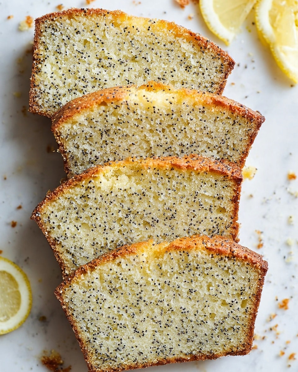 The image shows four slices of lemon poppy seed bread arranged in a slightly overlapping line. Each slice has a golden-brown crust on top and a light yellow interior dotted with black poppy seeds. The texture looks moist and soft, with tiny air holes throughout the bread. The slices are placed on a white marbled surface with small crumbs scattered around and pieces of lemon wedges visible nearby. photo taken with an iphone --ar 4:5 --v 7
