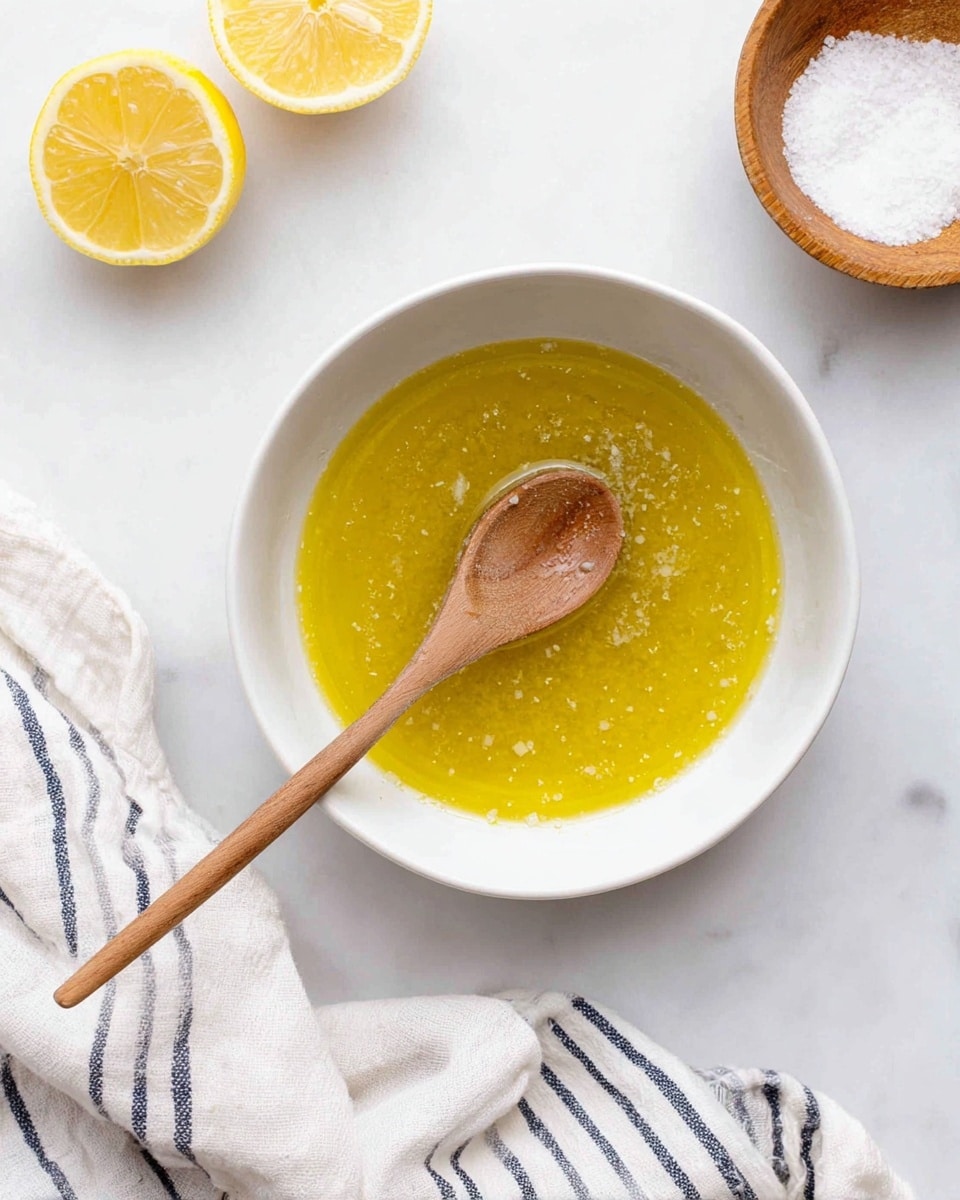 A white bowl filled with a yellow oily liquid containing small solid bits sits on a white marbled surface. A wooden spoon with a long handle rests inside the bowl, partially submerged in the liquid. Two halved lemons with bright yellow flesh are positioned near the top left corner of the image. A wooden bowl filled with coarse white salt is partially visible at the top right, and a crumpled white cloth with thin dark blue stripes lies at the bottom left near the bowl. The photo taken with an iphone --ar 4:5 --v 7