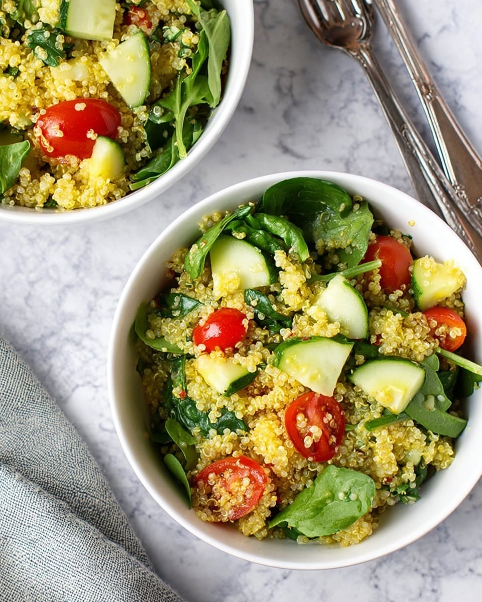 Two white bowls are shown on a white marbled surface, filled with a colorful quinoa salad. The salad has three main layers: bright yellow quinoa grains base covering the bottom, fresh green spinach leaves mixed evenly throughout, and slices of green cucumber and halved red cherry tomatoes spread on top. The textures vary from soft quinoa, crisp cucumber pieces, and juicy tomatoes. A woman's hand is not shown but nearby are two silver forks placed next to the bowl closest to the camera. The overall setting has a fresh and healthy look with natural light. photo taken with an iphone --ar 4:5 --v 7