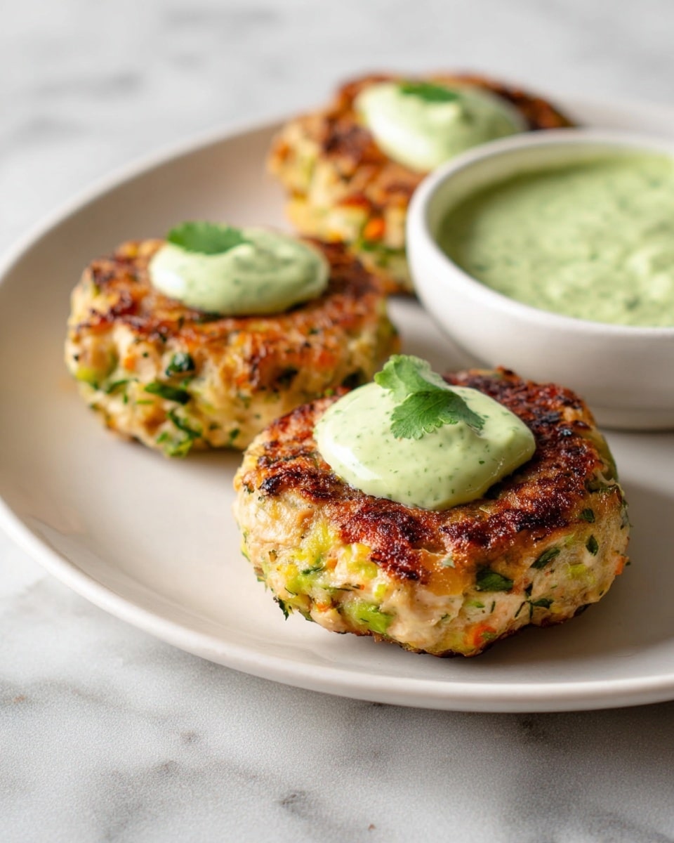 The image shows three thick, round patties with a golden-brown, slightly crispy outside mixed with green herbs and vegetables inside. Each patty has a dollop of light green sauce with a creamy texture on top, garnished with a small leaf. Behind the patties on the same white plate is a small white bowl filled with more of the same light green sauce. The plate sits on a white marbled surface. The lighting is soft, highlighting the textures and colors of the food. photo taken with an iphone --ar 4:5 --v 7