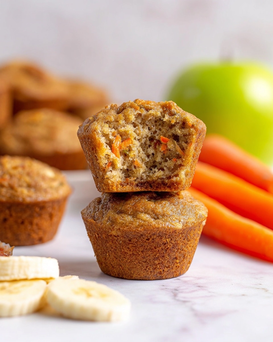 Two small brown muffins are stacked in the center; the top muffin is broken open revealing a crumbly, moist inside with small orange and light brown bits. Around them, several whole muffins lie on a white marbled surface. To the right, some bright orange carrots and a green apple are blurred in the background. In the bottom left corner, a few slices of banana rest flat, slightly out of focus. The overall scene looks fresh and inviting. photo taken with an iphone --ar 4:5 --v 7