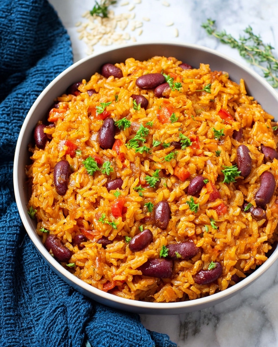 A close-up view of a bowl filled with a single layer of orange-colored rice mixed with dark red kidney beans and small pieces of red and orange peppers, all coated in a slightly shiny sauce. Bright green chopped parsley leaves are scattered evenly across the top, adding fresh color. The bowl is white and round, sitting on a white marbled surface with a few grains of uncooked rice and thyme sprigs scattered around. A blue textured cloth is partially visible next to the bowl. Photo taken with an iphone --ar 4:5 --v 7