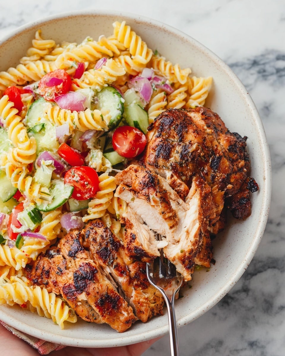 A white bowl holds a vibrant meal with two main layers: at the top, there is a bright salad made of spiral pasta, cherry tomato halves, chopped cucumber, diced red onion, and small pieces of red bell pepper, showing a mix of yellow, red, green, and purple colors with a creamy texture; below and partly overlapping the salad are two pieces of richly browned grilled chicken, showing a textured, slightly crispy skin with charred spots and tender white meat inside, one piece being partially pulled apart with a fork, held by a woman's hand on the side. The whole dish rests on a white marbled surface. Photo taken with an iphone --ar 4:5 --v 7