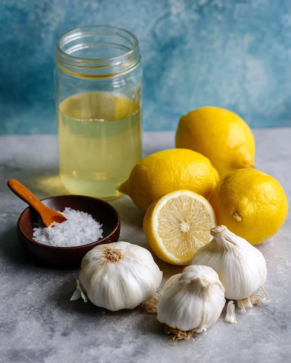 The image shows three whole bright yellow lemons and one lemon cut in half, revealing the light yellow inside with visible segments, placed on a grey surface with a white marbled texture. Next to the lemons are three whole white garlic bulbs, each having a rough brown root end, with their papery skin showing texture. Behind the lemons and garlic, there is a clear glass jar filled with light golden yellow liquid. To the left of the jar, a small dark brown round bowl holds coarse white salt with a small wooden spoon resting inside it. The background is a soft blue color with a mottled texture. photo taken with an iphone --ar 4:5 --v 7