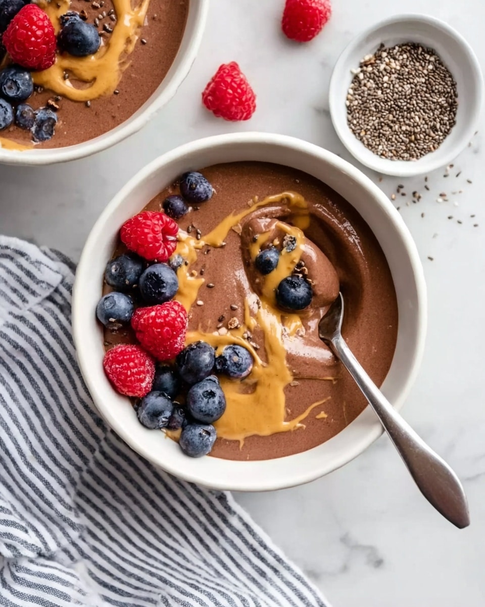 The image shows a white bowl filled with smooth chocolate mousse as the base layer. On top, there are fresh blueberries and raspberries scattered around, adding blue and red colors. A bright swirl of golden peanut butter is drizzled over the mousse and berries, creating a rich texture contrast. A spoon with a scoop of mousse and a blueberry on it rests inside the bowl. There is a second bowl of the same mousse and toppings partially visible above, along with a small bowl filled with chia seeds to the right. The scene is set on a white marbled surface with a striped cloth nearby. Photo taken with an iphone --ar 4:5 --v 7