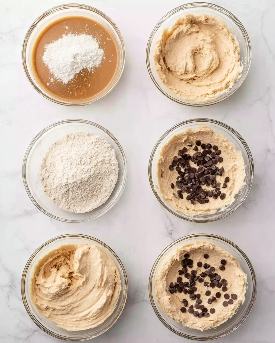 The image shows six glass bowls on a white marbled surface, each with different stages of a beige batter mixture. The first bowl contains wet ingredients, including a light brown sauce, sour cream, and flour resting on top in a layered way. The second bowl shows the batter smoothly mixed with a creamy beige texture. The third bowl contains just a heap of dry flour that is pale and powdery. The fourth bowl shows part of the flour folded into the batter, creating a thicker beige paste with some texture. The fifth bowl has the same batter with lots of dark brown small round chocolate pieces added on top. The sixth bowl has the chocolate evenly mixed throughout the creamy beige batter, with chocolate bits visible on the surface. Photo taken with an iphone --ar 4:5 --v 7