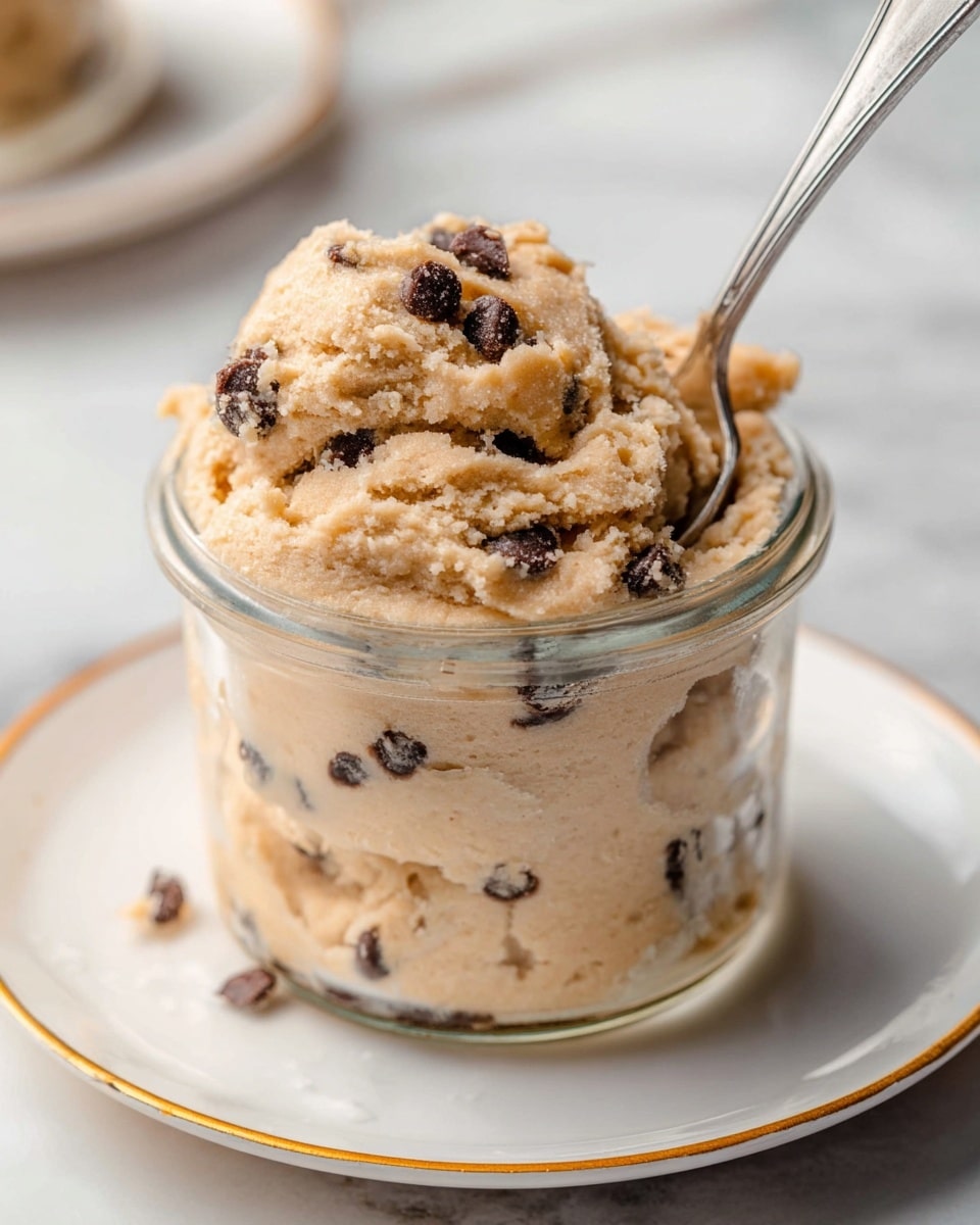A clear glass jar filled with three layers of light beige cookie dough mixed with dark chocolate pieces is placed on a white plate with a gold rim, sitting on a white marbled surface. The thick cookie dough looks soft and creamy, slightly overflowing from the top of the jar. A silver spoon is partially buried in the cookie dough, resting inside the jar. At the base of the jar, you can see the texture of the dough and scattered chocolate pieces inside. photo taken with an iphone --ar 4:5 --v 7