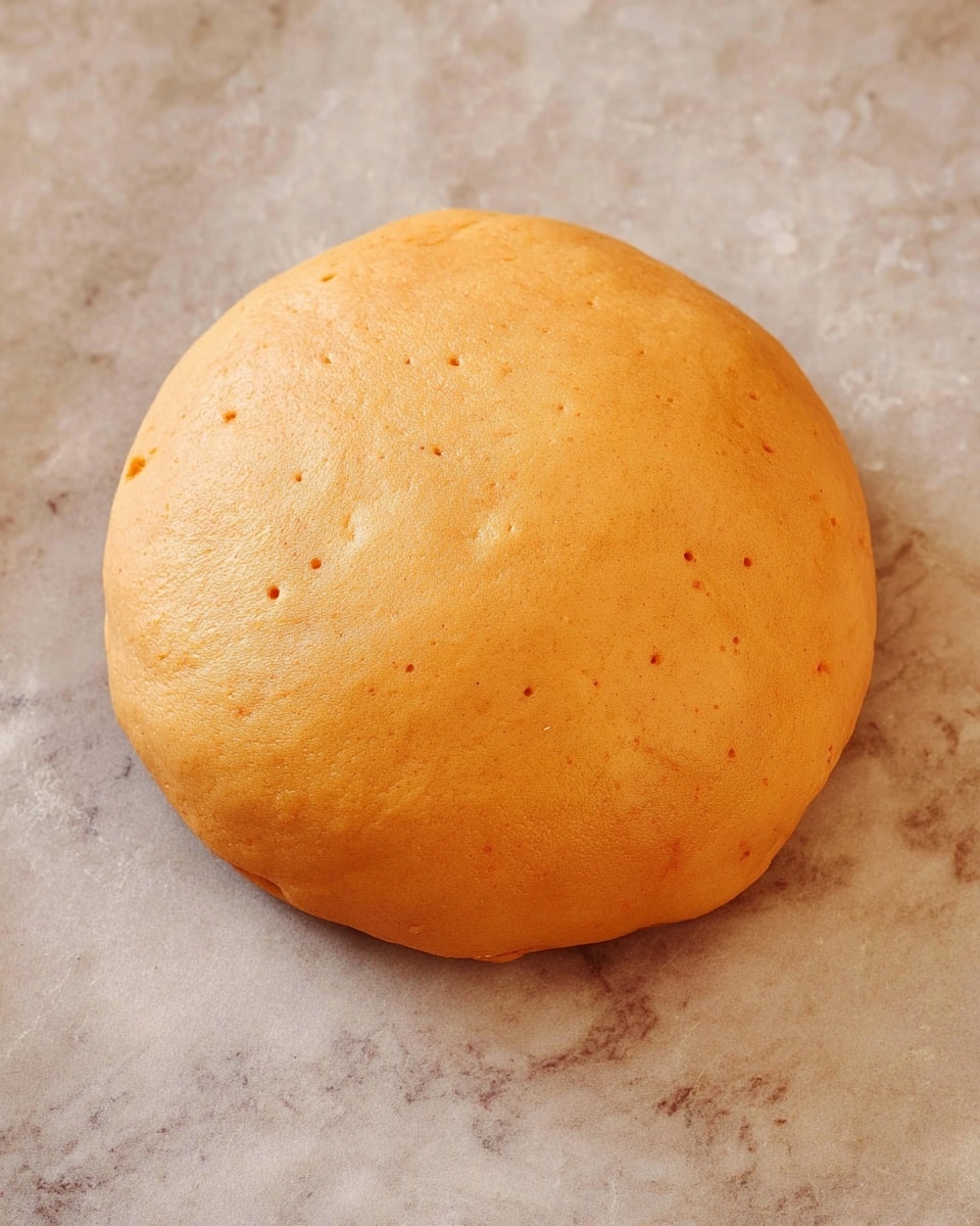 A single, round dough ball with a smooth, light orange surface rests on a flat surface with a white marbled texture. The dough looks soft and slightly shiny, with tiny spots of darker orange scattered gently across it. There are no additional layers, toppings, or decorations visible on or around the dough ball. photo taken with an iphone --ar 4:5 --v 7